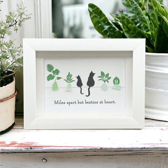 Sea Glass Framed Art Gift| Unique Seaglass Pet Cat And Plants Present - Picture 3 of 8